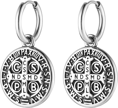 Hzman St Benedict Cross Droper Drop rapring for Men Retro Retro Stain Felect Round Medal exorcism medal hing hing huggie hoop arring arming gift in Saudi Arabia