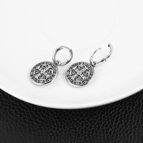 Hzman St Benedict Cross Droper Drop rapring for Men Retro Retro Stain Felect Round Medal exorcism medal hing hing huggie hoop arring arming gift in Saudi Arabia
