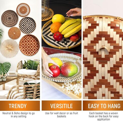 KushimHome Wall Basket Decor Set - 18" to 9" Hanging Boho Art, Bamboo Seagrass Rattan Woven Baskets in Saudi Arabia