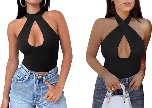 Reoria Women's Sexy Criss Cross Halter Neck Crop و Criss Cross Halter Out Out Bodysits X-Large in Saudi Arabia