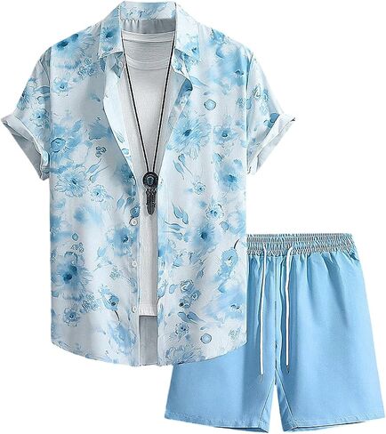GORGLITTER Men's 2 Piece Summer Vacation Outfits Floral Tropical Button Down Shirt and Shorts Sets in Kuwait