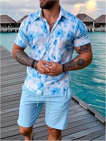GORGLITTER Men's 2 Piece Summer Vacation Outfits Floral Tropical Button Down Shirt and Shorts Sets in Kuwait