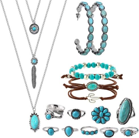 Bohemian jewelry Jewelry SetNecklaceEarrings Stackable Bracelet knuckle Ring Retro Western Bohemian Turquoise jewelry For Women in Saudi Arabia
