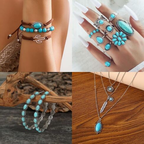 Bohemian jewelry Jewelry SetNecklaceEarrings Stackable Bracelet knuckle Ring Retro Western Bohemian Turquoise jewelry For Women in Saudi Arabia