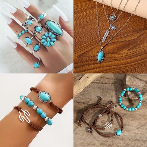 Bohemian jewelry Jewelry SetNecklaceEarrings Stackable Bracelet knuckle Ring Retro Western Bohemian Turquoise jewelry For Women in Saudi Arabia