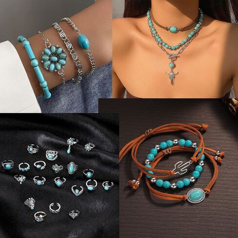 Bohemian jewelry Jewelry SetNecklaceEarrings Stackable Bracelet knuckle Ring Retro Western Bohemian Turquoise jewelry For Women in Saudi Arabia