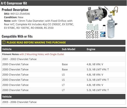 A/C Compressor Kit with Fixed Orifice - Compatible with 2000-2006 Chevy Tahoe (with Rear AC) in Saudi Arabia