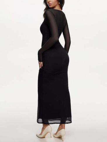 ريوريا سقوط الفساتين ماكسي للنساء شفافة شبكية طويلة الأكمام مربعة الرقبة ruched bodycon طويلة اللباس كوكتيل الحفلات نادي نادي in Saudi Arabia