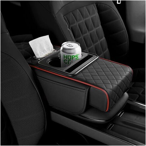 5-in-1 Car Center Console Cover,Multifunctional Arm Rest Cover for Car with Cup Holder,Phone Holder,Pocket,Car Tissue Holder,Leather Height Enhancement Car Armrest Cushion (Black/Red) in Kuwait