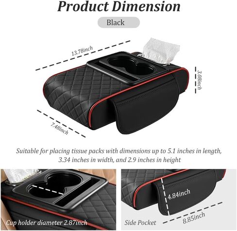 5-in-1 Car Center Console Cover,Multifunctional Arm Rest Cover for Car with Cup Holder,Phone Holder,Pocket,Car Tissue Holder,Leather Height Enhancement Car Armrest Cushion (Black/Red) in Kuwait