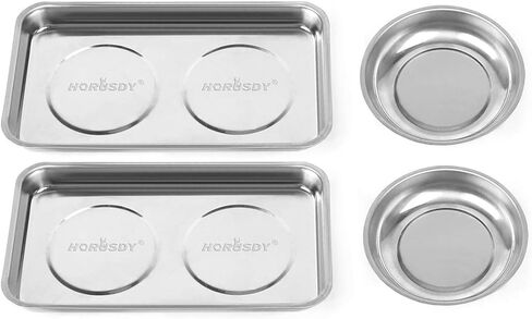 HORUDSY 4PC Magnetic Tray Set with Magnet Stick – Extra Strong Magnets, Stainless Steel Trays, and Telescoping Pickup Tool for Organizing and Retrieving Metal Parts in Kuwait
