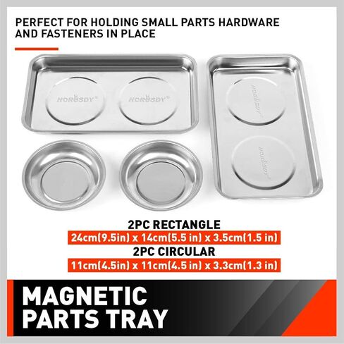 HORUDSY 4PC Magnetic Tray Set with Magnet Stick – Extra Strong Magnets, Stainless Steel Trays, and Telescoping Pickup Tool for Organizing and Retrieving Metal Parts in Kuwait