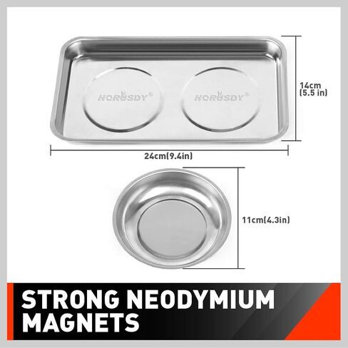 HORUDSY 4PC Magnetic Tray Set with Magnet Stick – Extra Strong Magnets, Stainless Steel Trays, and Telescoping Pickup Tool for Organizing and Retrieving Metal Parts in Kuwait