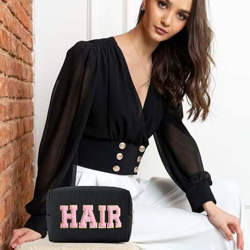 حقيبة مكياج MAGEFY سروال قصير حقيبة مكياج صغيرة للمحفظة مع مقصورات حقيبة مكياج لطيفة حقيبة مستحضرات تجميل للنساء والأصدقاء هدايا Preppy (بيج، شعر) in Kuwait