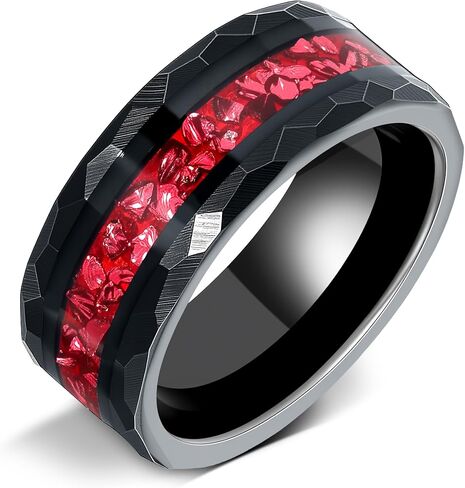 8mm Black Gold or Rose Gold Plated Tungsten Rings for Men - Eternity Pink/Green/Red Birthstone Mens Tungsten Wedding Bands with Gold Foil Leaf - Unique Gothic Daily Wear Promise Rings for Him in Kuwait