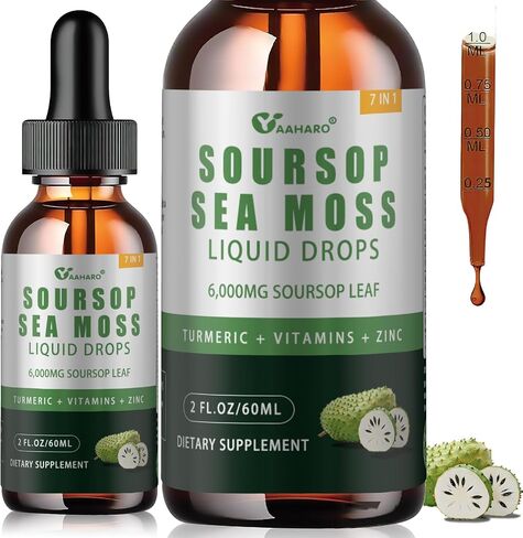 Soursop Graviola Liquid Drops with Sea Moss, Vitamins B6 & C, Zinc, Turmeric & Black Pepper - Natural Soursop Leaf Extract for Immune Support - Vegan, Non-GMO, Gluten Free, 2 Fl Oz in Kuwait