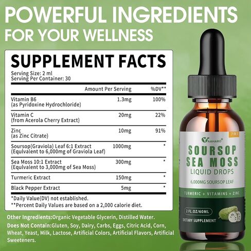Soursop Graviola Liquid Drops with Sea Moss, Vitamins B6 & C, Zinc, Turmeric & Black Pepper - Natural Soursop Leaf Extract for Immune Support - Vegan, Non-GMO, Gluten Free, 2 Fl Oz in Kuwait