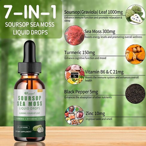 Soursop Graviola Liquid Drops with Sea Moss, Vitamins B6 & C, Zinc, Turmeric & Black Pepper - Natural Soursop Leaf Extract for Immune Support - Vegan, Non-GMO, Gluten Free, 2 Fl Oz in Kuwait