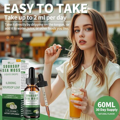 Soursop Graviola Liquid Drops with Sea Moss, Vitamins B6 & C, Zinc, Turmeric & Black Pepper - Natural Soursop Leaf Extract for Immune Support - Vegan, Non-GMO, Gluten Free, 2 Fl Oz in Kuwait