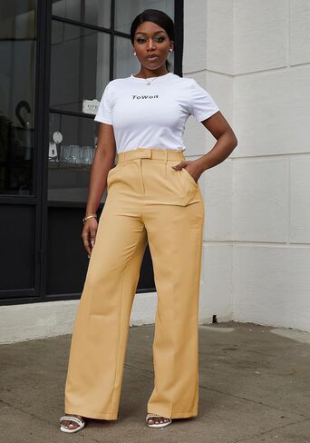Tbahhir Women's Wide Leg Pants Work Dressy High Waisted Trousers with Pockets Office Wear Business Casual Lightweight in Saudi Arabia