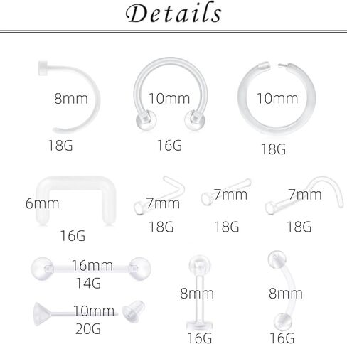 TOKRING Clear Nose Rings Studs Clear Piercing Retainer Set Septum Lip Cartilage Tongue Rook Daith Ear Industrial Nipple Belly Clear Piercing Jewelry for Work Surgery in Kuwait