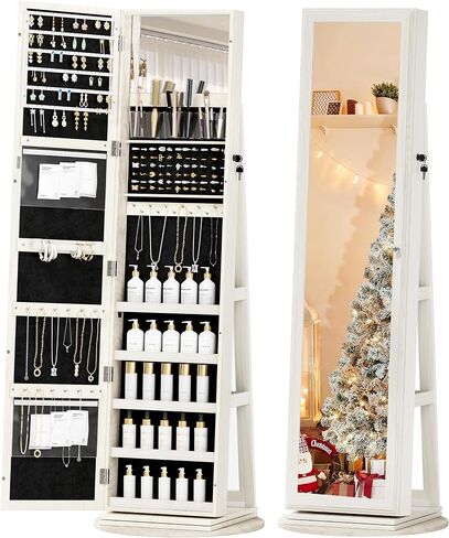 Jewelry Armoire Cabinet Standing, Full Length Mirror with Storage, Lockable Jewelry Organizer for Women Girl, White with Gray Wood Grain in Saudi Arabia