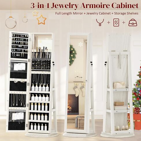 Jewelry Armoire Cabinet Standing, Full Length Mirror with Storage, Lockable Jewelry Organizer for Women Girl, White with Gray Wood Grain in Saudi Arabia