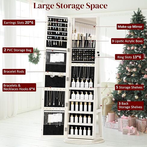 Jewelry Armoire Cabinet Standing, Full Length Mirror with Storage, Lockable Jewelry Organizer for Women Girl, White with Gray Wood Grain in Saudi Arabia