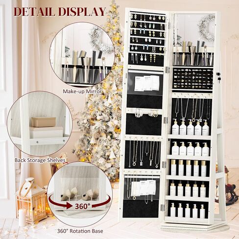 Jewelry Armoire Cabinet Standing, Full Length Mirror with Storage, Lockable Jewelry Organizer for Women Girl, White with Gray Wood Grain in Saudi Arabia