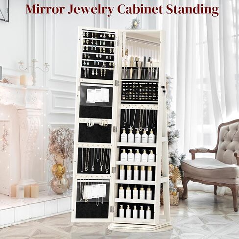 Jewelry Armoire Cabinet Standing, Full Length Mirror with Storage, Lockable Jewelry Organizer for Women Girl, White with Gray Wood Grain in Saudi Arabia