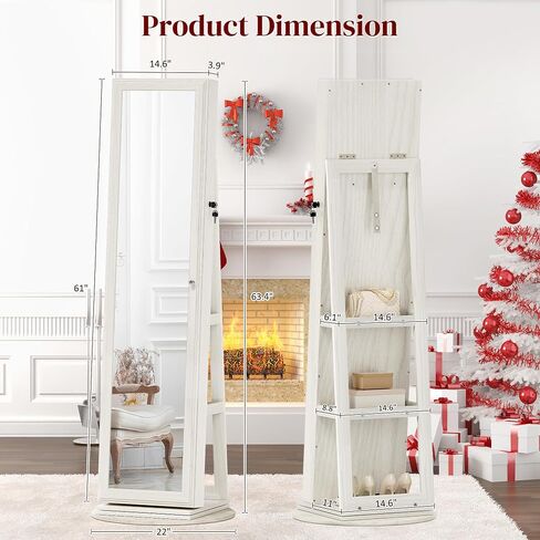 Jewelry Armoire Cabinet Standing, Full Length Mirror with Storage, Lockable Jewelry Organizer for Women Girl, White with Gray Wood Grain in Saudi Arabia