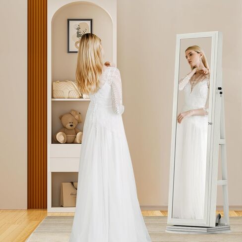Jewelry Armoire Cabinet Standing, Full Length Mirror with Storage, Lockable Jewelry Organizer for Women Girl, White with Gray Wood Grain in Saudi Arabia