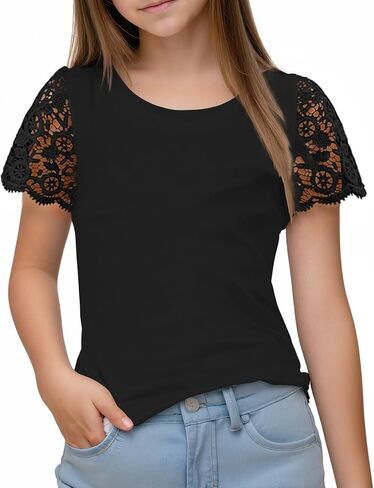 NOOMELFISH Girls Lace Short Sleeve Thirts Kids Summer Tops Tops Plouse (5-12 years) in Saudi Arabia