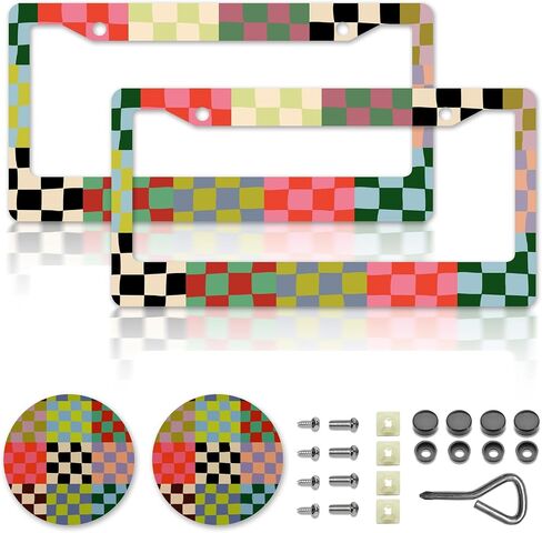 Checkered License Plate Frames，Checkered Car Accessories for Women，Cute Licens,e Plate Holder，Aluminum License Plate Frame Fits Standard US Vehicles Size 12.2 x 6 Inch (Multicolor-2pcs) in Kuwait