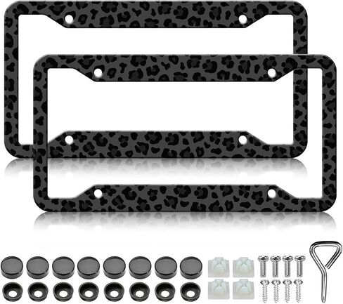 Black Leopard Cheetah Print License Plate Frames - 2 Pack Animal Print License Plate Holder, Stainless Steel Rust-Proof Waterproof Car Decorative Tag Frame with Screws Fasteners Caps in Saudi Arabia
