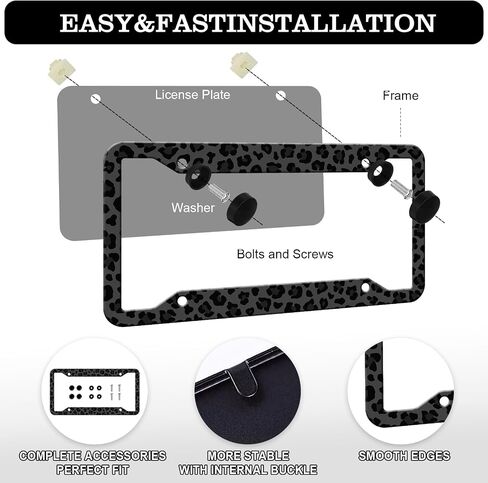 Black Leopard Cheetah Print License Plate Frames - 2 Pack Animal Print License Plate Holder, Stainless Steel Rust-Proof Waterproof Car Decorative Tag Frame with Screws Fasteners Caps in Saudi Arabia
