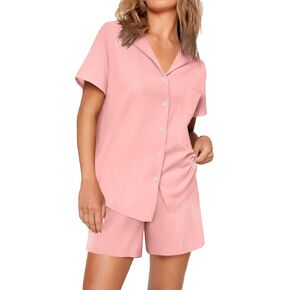 Ekouaer Womens Ribbed Knit Pajama Set Short Sleeve Soft Comfy Pj Set 2 Piece Lounge Set with Pockets Sleepwear S-XXL in Kuwait