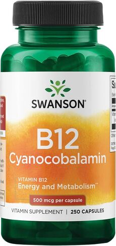 Swanson Vitamin B12 (Cyanocobalamin) - Vitamin Supplement Promoting Energy Metabolism, Nervous System Health & Heart Support - Supports Red Blood Cell Formation (250 Capsules, 500mcg Each) in Saudi Arabia