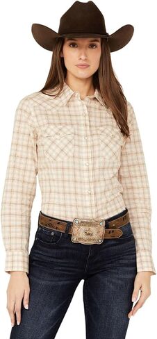 Wrangler Women's Retro Plaid Print Long Sleeve Pearl Snap Western Shirt - 112352014 US Cream in Saudi Arabia