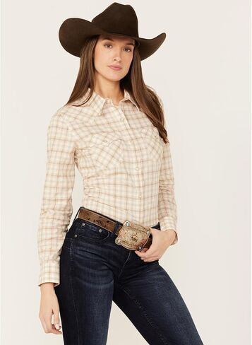 Wrangler Women's Retro Plaid Print Long Sleeve Pearl Snap Western Shirt - 112352014 US Cream in Saudi Arabia