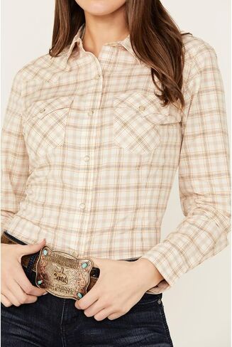 Wrangler Women's Retro Plaid Print Long Sleeve Pearl Snap Western Shirt - 112352014 US Cream in Saudi Arabia