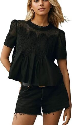 Missactiver Women Lace Trim Short Sweve Blouse Swing Crew Neck Huffle Hend قمصان شباك الصيف بوبلين بوبلين قمم in Saudi Arabia