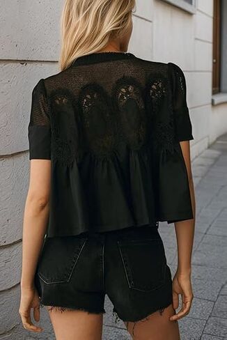 Missactiver Women Lace Trim Short Sweve Blouse Swing Crew Neck Huffle Hend قمصان شباك الصيف بوبلين بوبلين قمم in Saudi Arabia