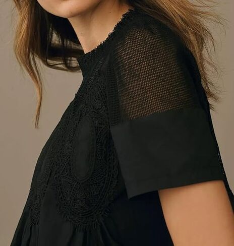 Missactiver Women Lace Trim Short Sweve Blouse Swing Crew Neck Huffle Hend قمصان شباك الصيف بوبلين بوبلين قمم in Saudi Arabia