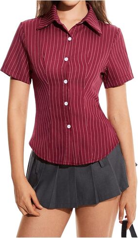 SweatyRocks Women's Striped Button Down Shirt Short Sleeve Collared Fitted Work Office Blouse Dressy Tops in Saudi Arabia