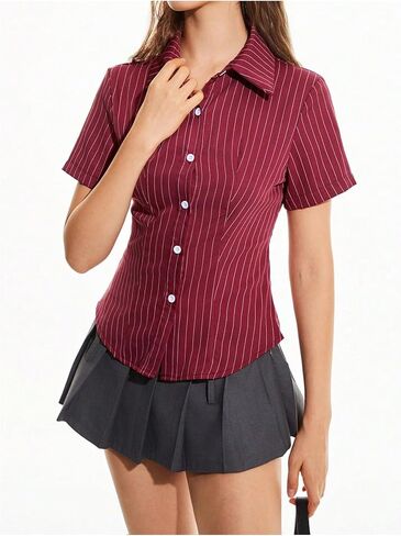 SweatyRocks Women's Striped Button Down Shirt Short Sleeve Collared Fitted Work Office Blouse Dressy Tops in Saudi Arabia