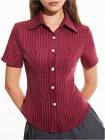 SweatyRocks Women's Striped Button Down Shirt Short Sleeve Collared Fitted Work Office Blouse Dressy Tops in Saudi Arabia