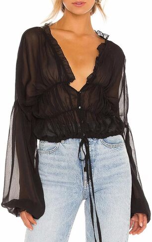 NIFTRIRY Crop Top Sheer See Through Tops for Women Long Puff Sleeve Chiffon Blouses for Women in Saudi Arabia