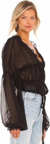 NIFTRIRY Crop Top Sheer See Through Tops for Women Long Puff Sleeve Chiffon Blouses for Women in Saudi Arabia