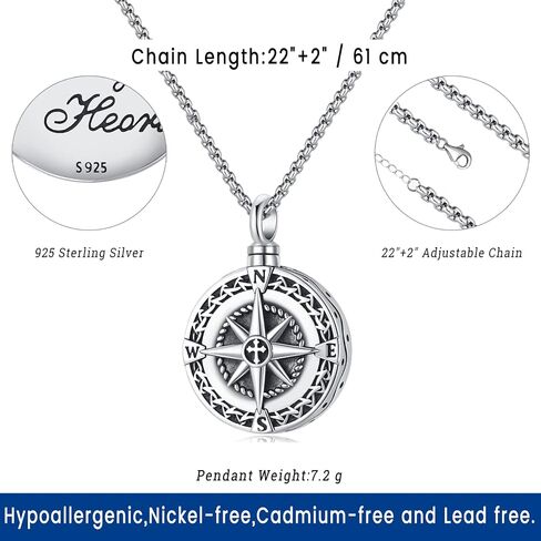 Eusense Cremation Jewelry for Ashes Urn Necklace to Put Ashes In 925 Sterling Silver Memorial Pendant Compass Urn Necklaces for Ashes Necklace for Women Men in Saudi Arabia